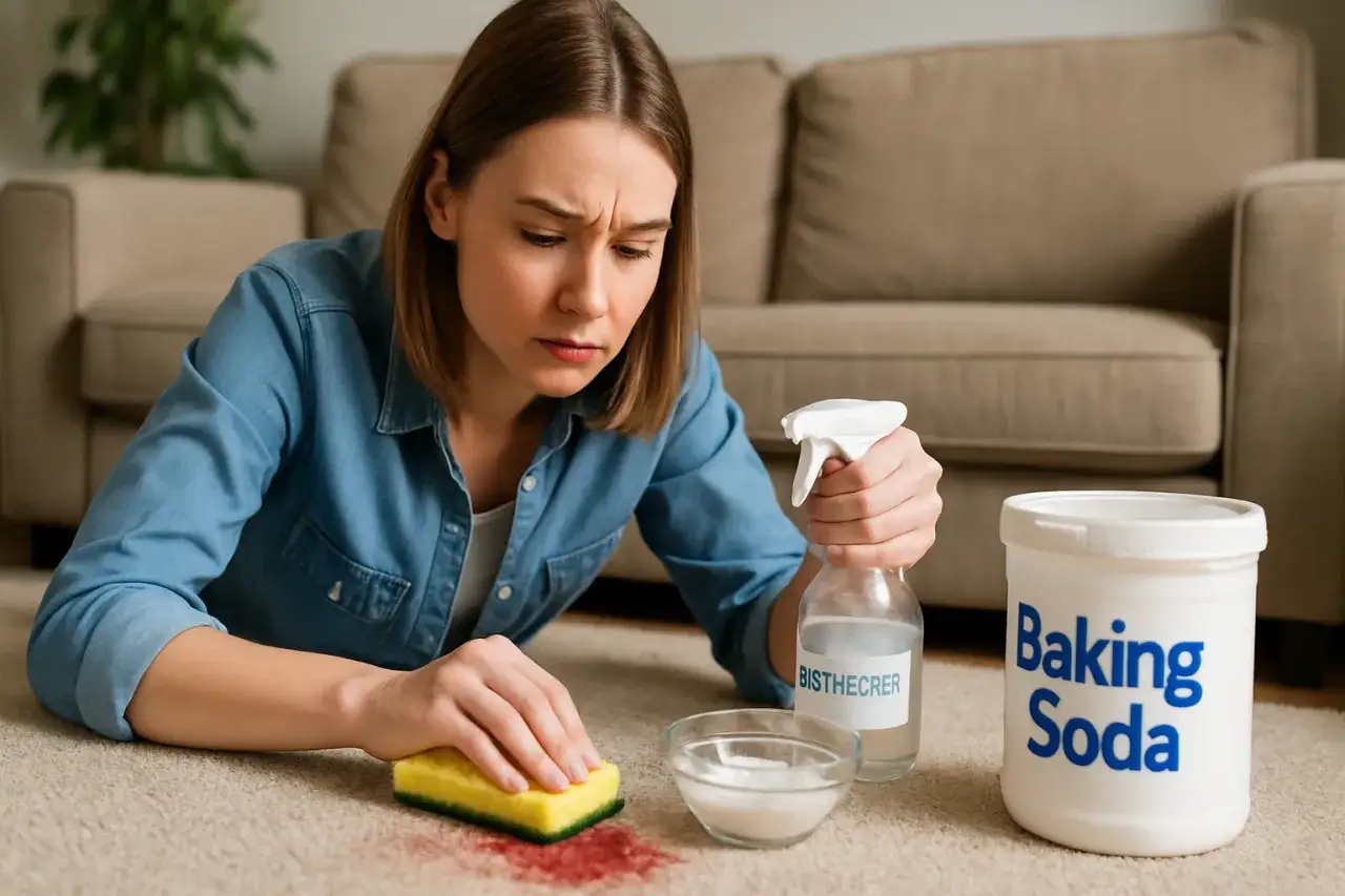 Kobieta próbuje usunąć plamę z kanapy, używając sody oczyszczonej i gąbki. Dowiedz się, jak wyczyścić kanapę domowym sposobem.