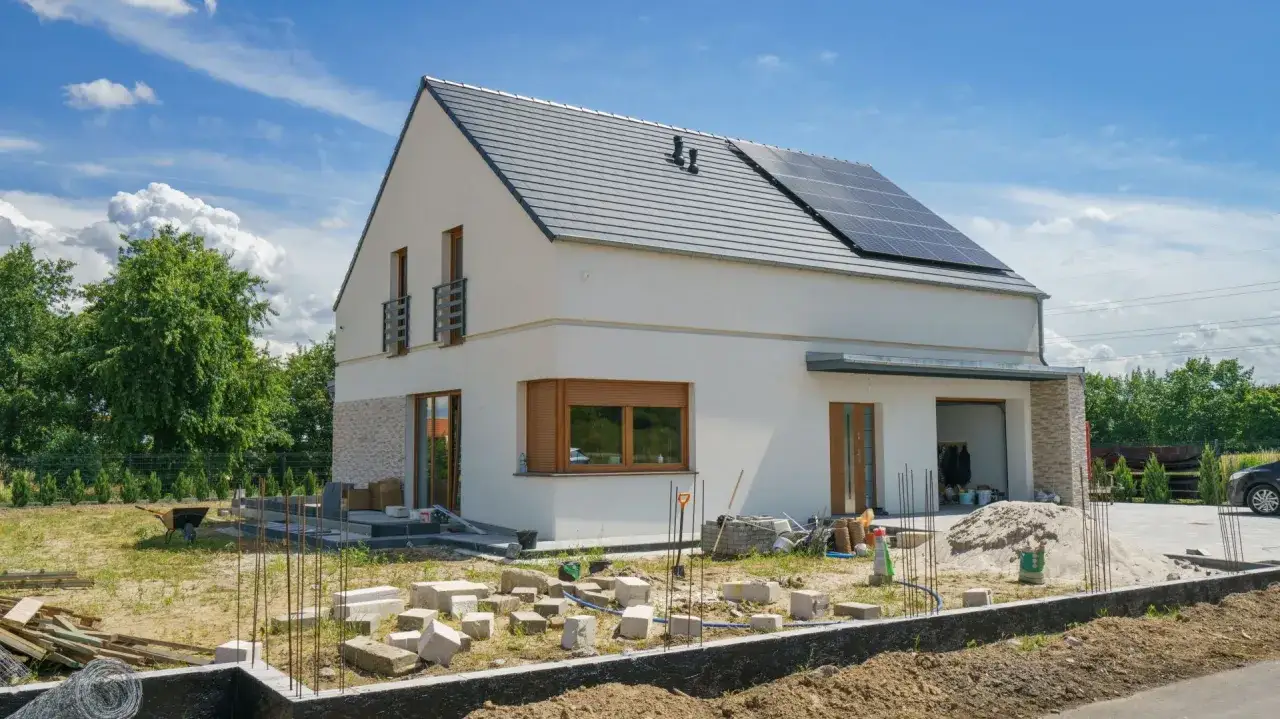 Nowy dom z panelami słonecznymi, gotowy na dofinansowanie na remont domu. Materiały budowlane czekają na rozpoczęcie prac.