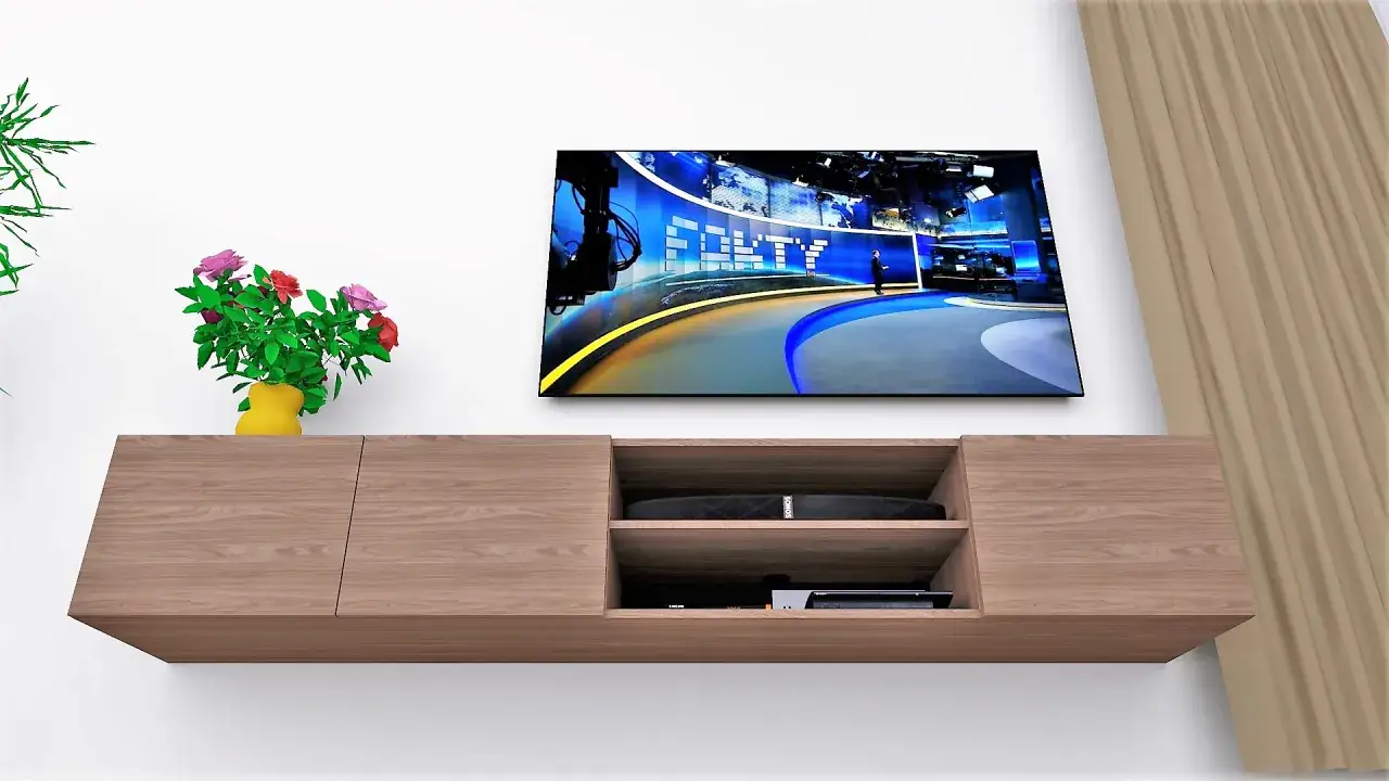 Wizualizacja ergonomicznej strefy RTV z wiszącą szafką