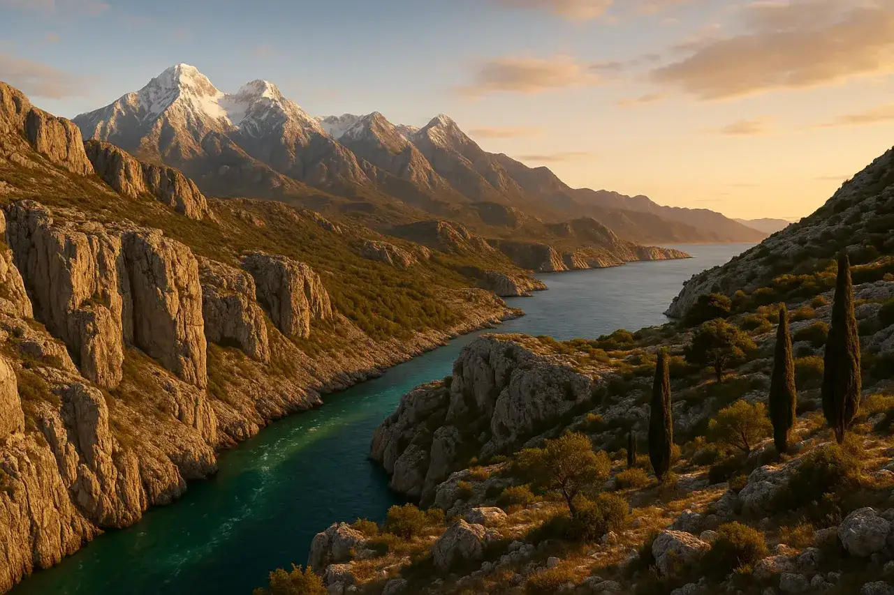 Majestatyczne góry na półwyspie bałkańskim ośnieżone na szczytach, wcinają się w turkusowe morze.