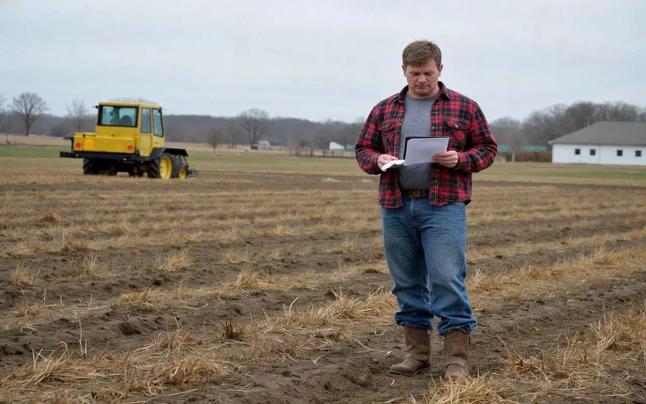 Rolnik z dokumentami w trudnej sytuacji finansowej