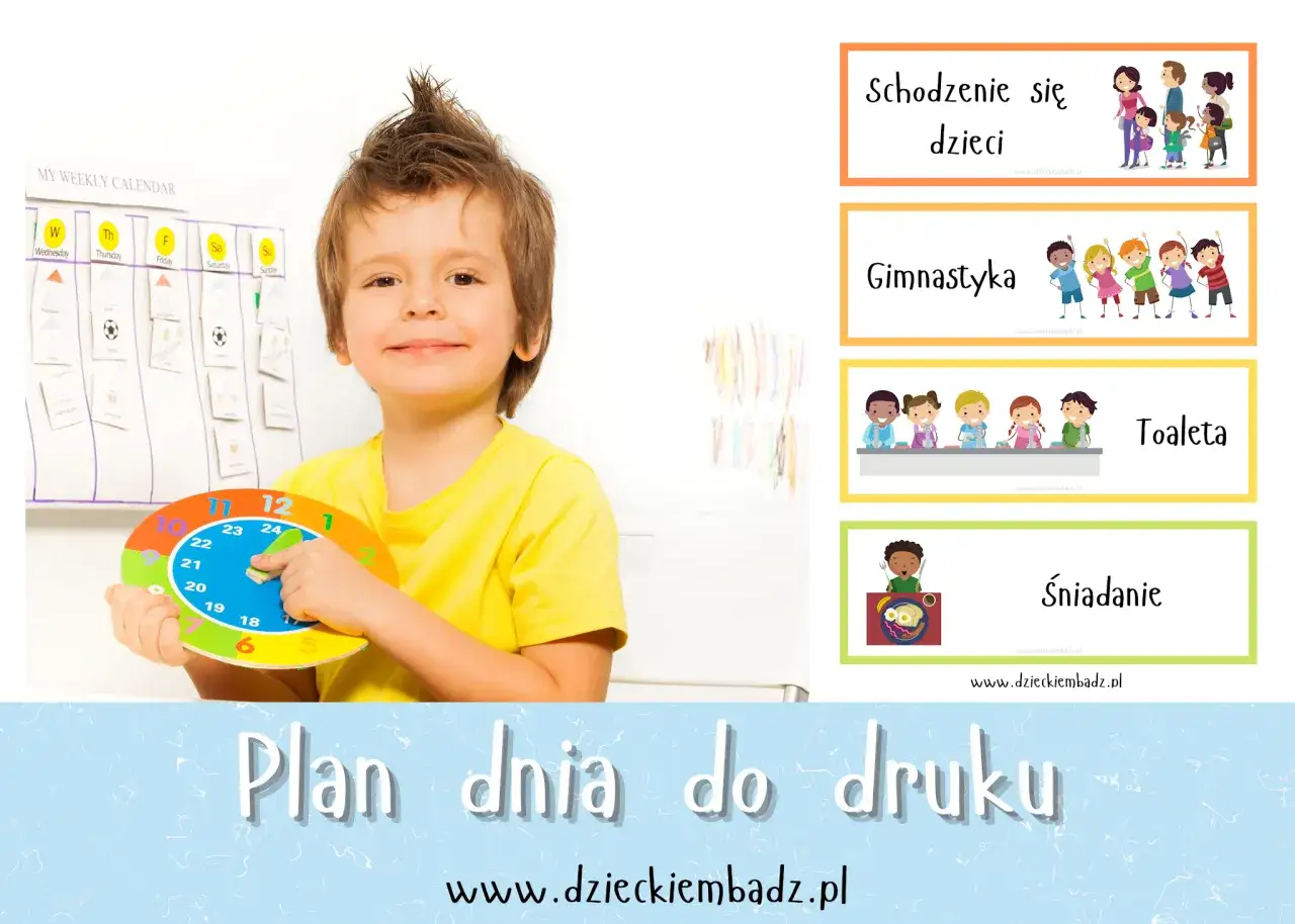 Chłopiec z zegarem planuje dzień. Zajęcia w zerówce, gimnastyka, toaleta, śniadanie – ile godzin trwają?