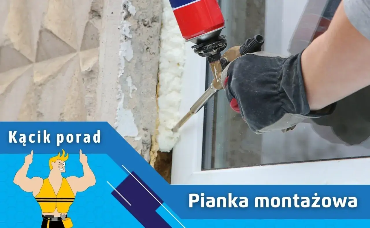 Ręka w rękawicy aplikuje piankę montażową wysokoprężną do szczeliny okiennej.