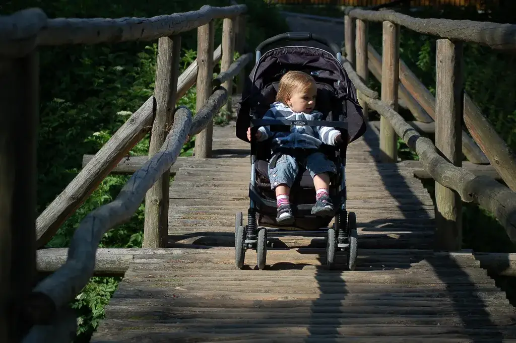 Rodzina spacerująca po Ojcowskim Parku Narodowym z wózkiem