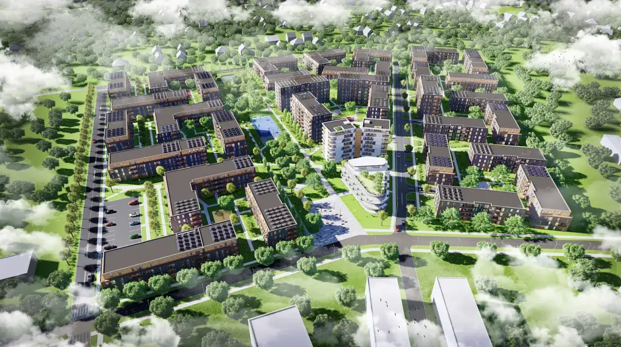 wizualizacja nowoczesnego osiedla mieszkaniowego z zielenią i przestrzeniami wspólnymi