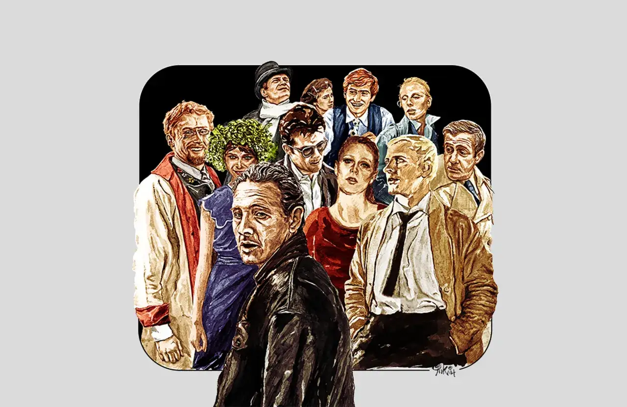 Portret zbiorowy postaci z filmów, przypominający galerię sławnych nazwisk polskich reżyserów filmowych.