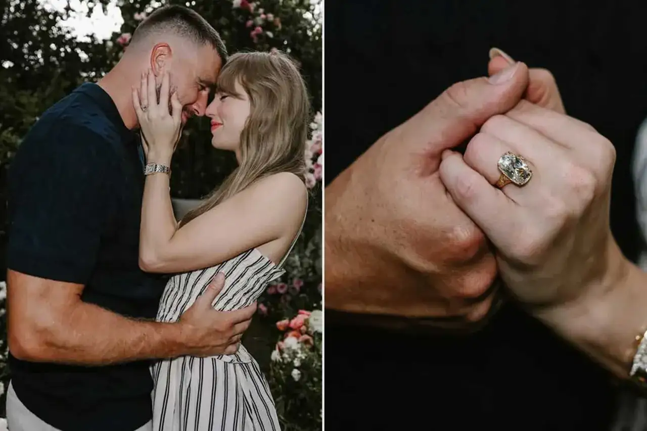 Taylor Swift i Travis Kelce w romantycznym uścisku, z widocznym pierścionkiem zaręczynowym.