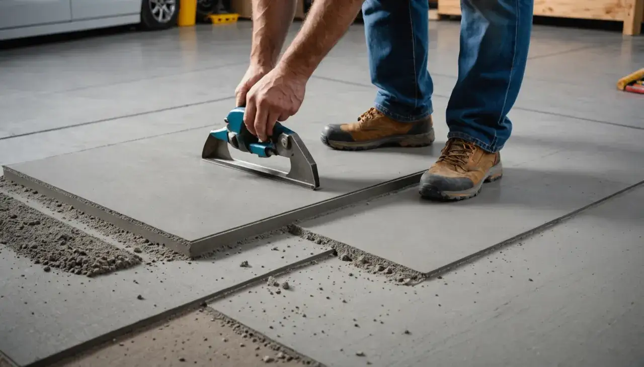 Pracownik używa narzędzia do przygotowania podłoża, aby naprawić posadzkę w garażu.