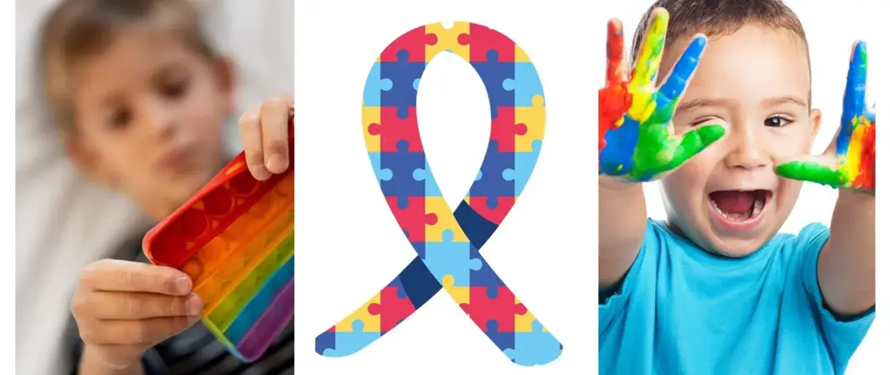 Dziecko z zabawką sensoryczną, wstążka z puzzli symbolizująca autyzm, radosny chłopiec z pomalowanymi dłońmi. Obrazek nawiązuje do przyczyn autyzmu u dzieci.