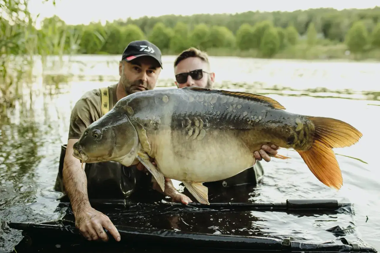 Dwóch wędkarzy prezentuje okazałego karpia złowionego na łowisku Borowy Staw.