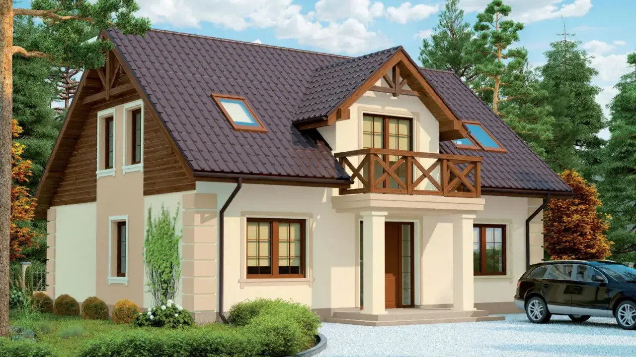 Dom z drewnianymi elementami i balkonem, otoczony zielenią. Idealna strefa koloru dla Twojego domu, inspirowana naturą, jak w wizualizacji Knauf.