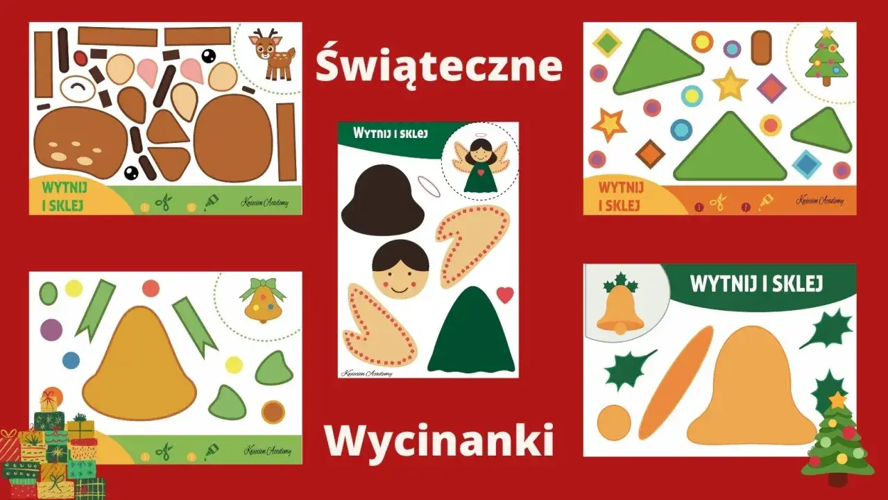 Świąteczne wycinanki do druku: renifer, aniołek, choinka i dzwonek. Idealny szablon wycinanki do druku dla dzieci.