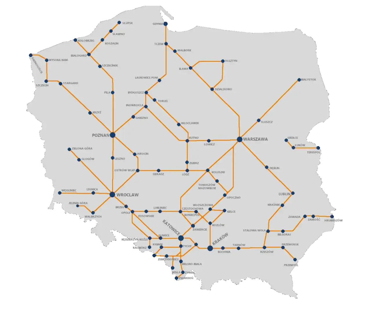 Mapa połączeń kolejowych PKP Intercity
