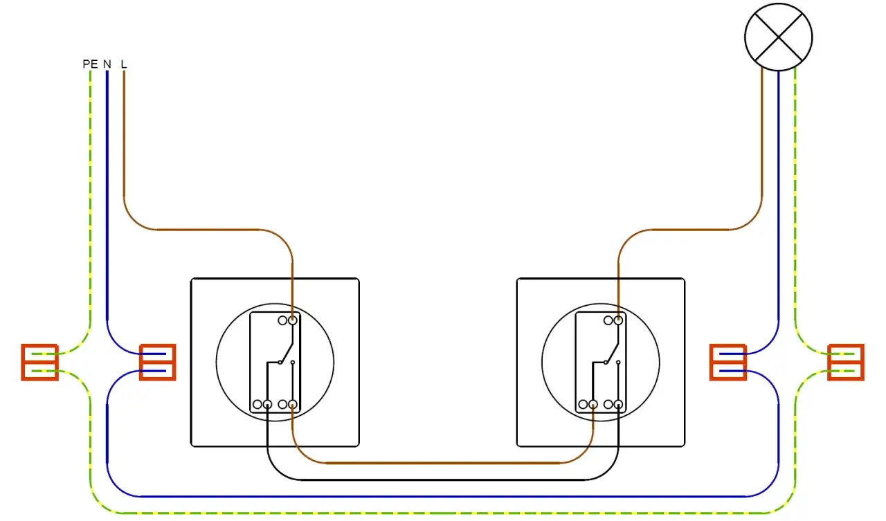 Schemat instalacji elektrycznej z wyłącznikiem schodowym 3 przewody, łączącym dwa punkty świetlne.