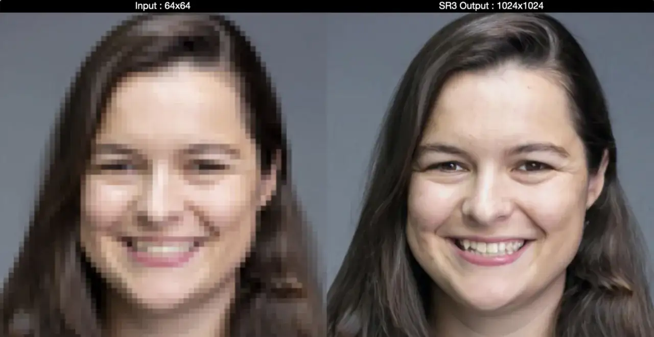 Porównanie: pikselowata twarz po lewej i wyraźna po prawej, pokazujące efekty zwiększania rozdzielczości zdjęć.