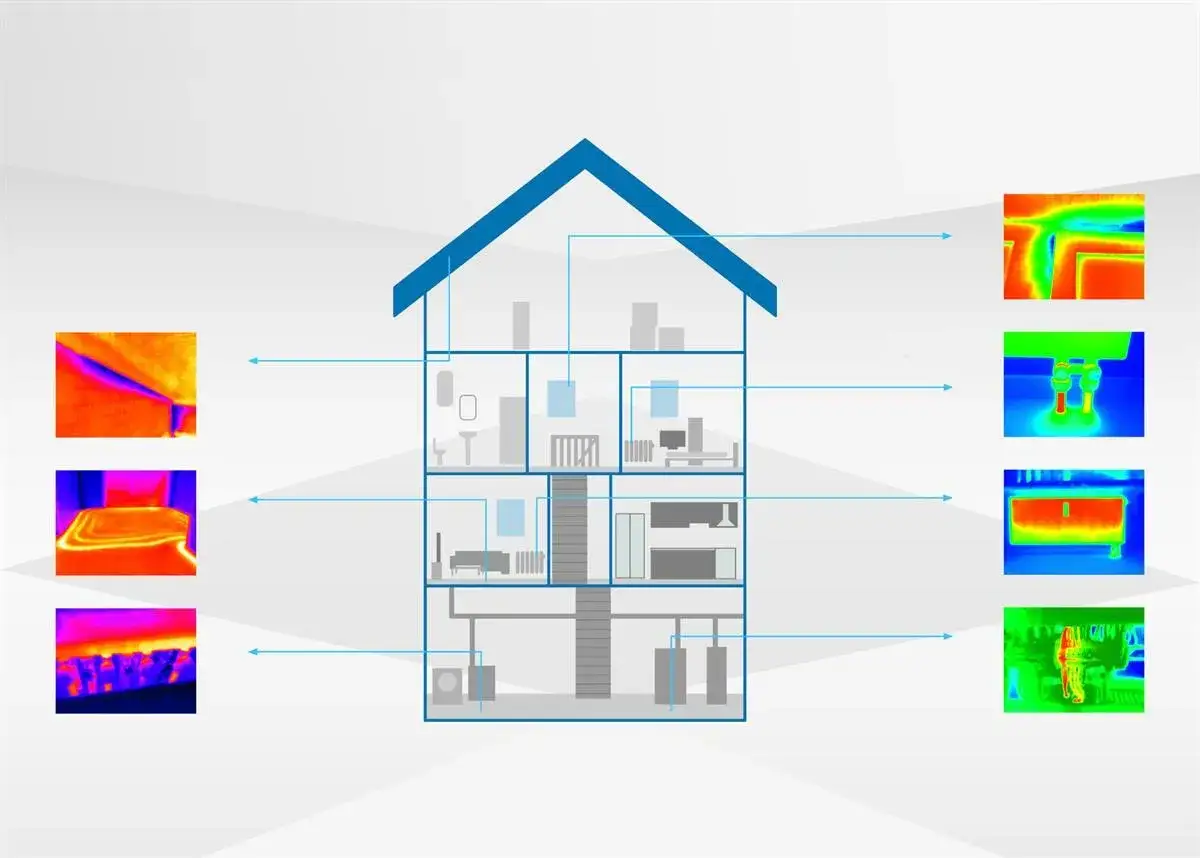Termowizja pokazuje straty ciepła w domu: zimne okna, mostki termiczne, nieszczelności.