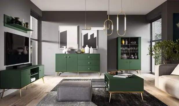 Wnętrza z szarymi ścianami i zielonymi dodatkami