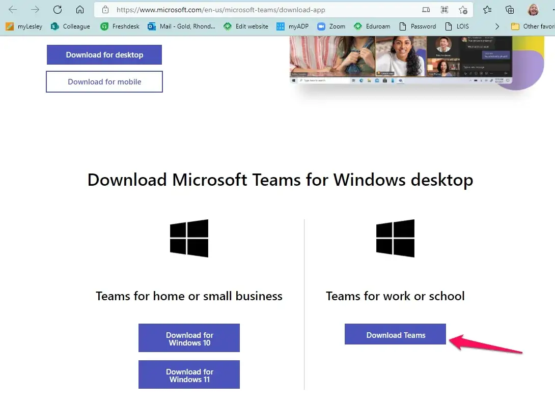 Microsoft Teams download page screenshot