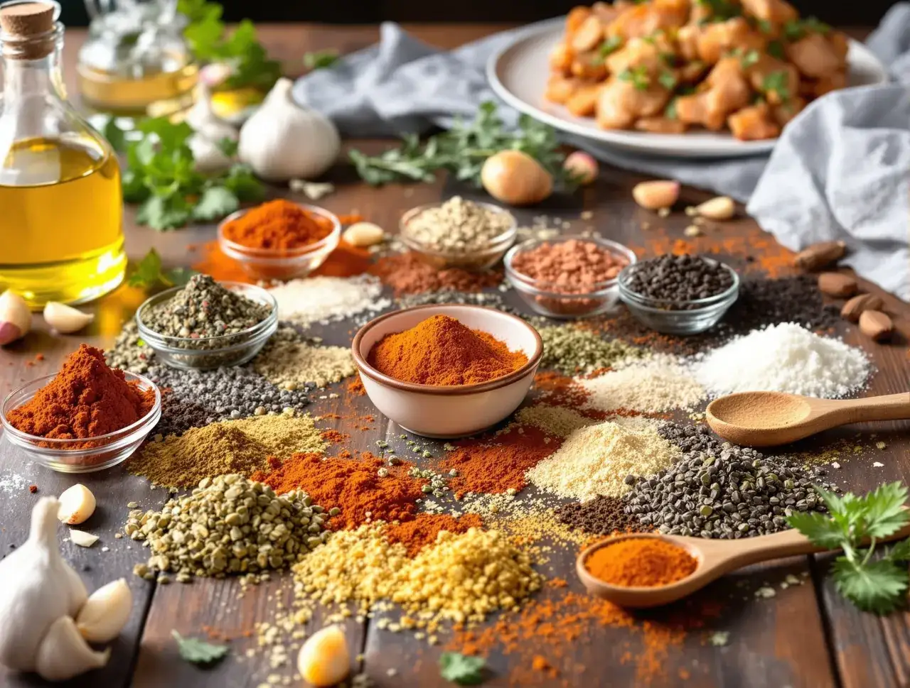 Kolorowe przyprawy rozsypane na drewnianym blacie, w tym papryka i zioła, idealne, by dowiedzieć się, jak zrobić przyprawę gyros.