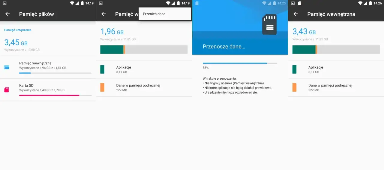 Ekran telefonu pokazuje, dlaczego nie mogę przenieść aplikacji na kartę SD. Trwa przenoszenie danych, ale niekt&oacute;re aplikacje mogą nie działać poprawnie.