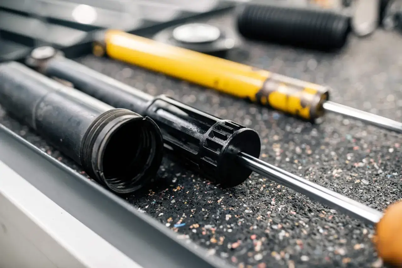 Elementy zawieszenia, w tym ż&oacute;łty amortyzator, gotowe do sprawdzenia.