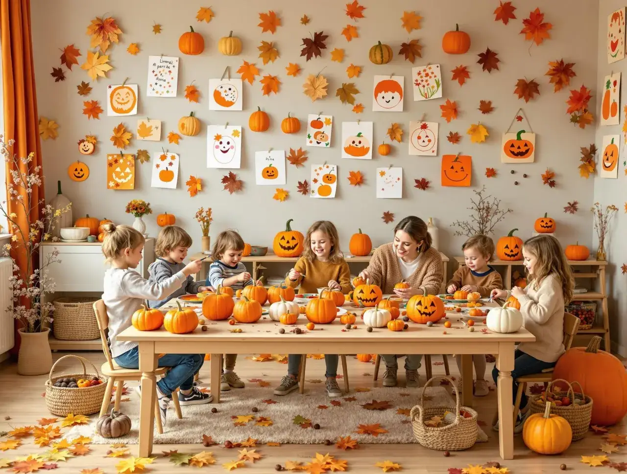 Dzieci ozdabiają dynie, tworząc jesienną atmosferę. To świetny pomysł na dynię do przedszkola, pełen kreatywności i zabawy.