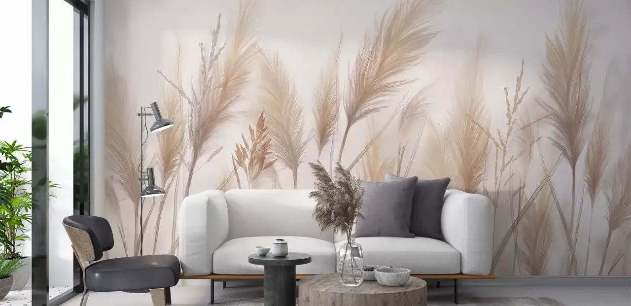 Nowoczesny salon z tapetą winylową w trawy pampasowe. Tanie tapety winylowe odmienią Twoje wnętrze.