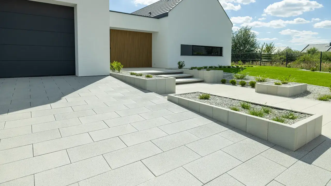 Nowoczesne wzory kostki brukowej przed domem tworzą schludny podjazd i ścieżki, otoczone geometrycznymi rabatami.
