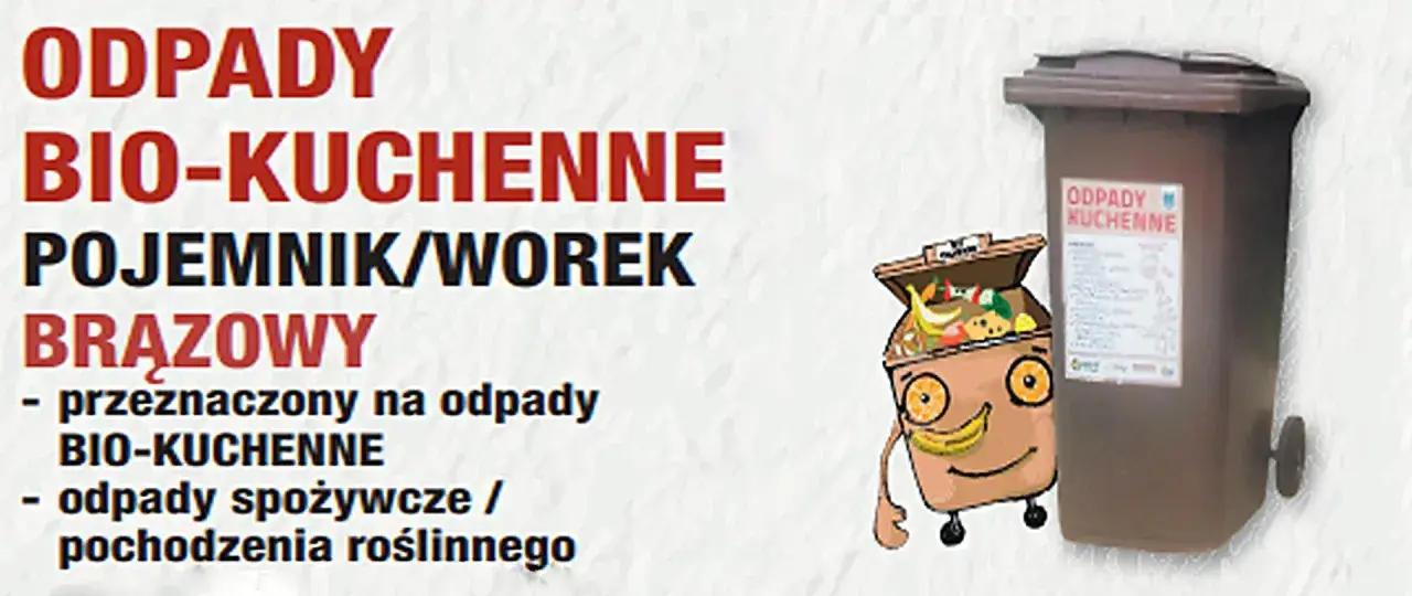 Brązowy pojemnik na odpady bio-kuchenne. Wrzucamy do bio resztki jedzenia i odpadki roślinne.