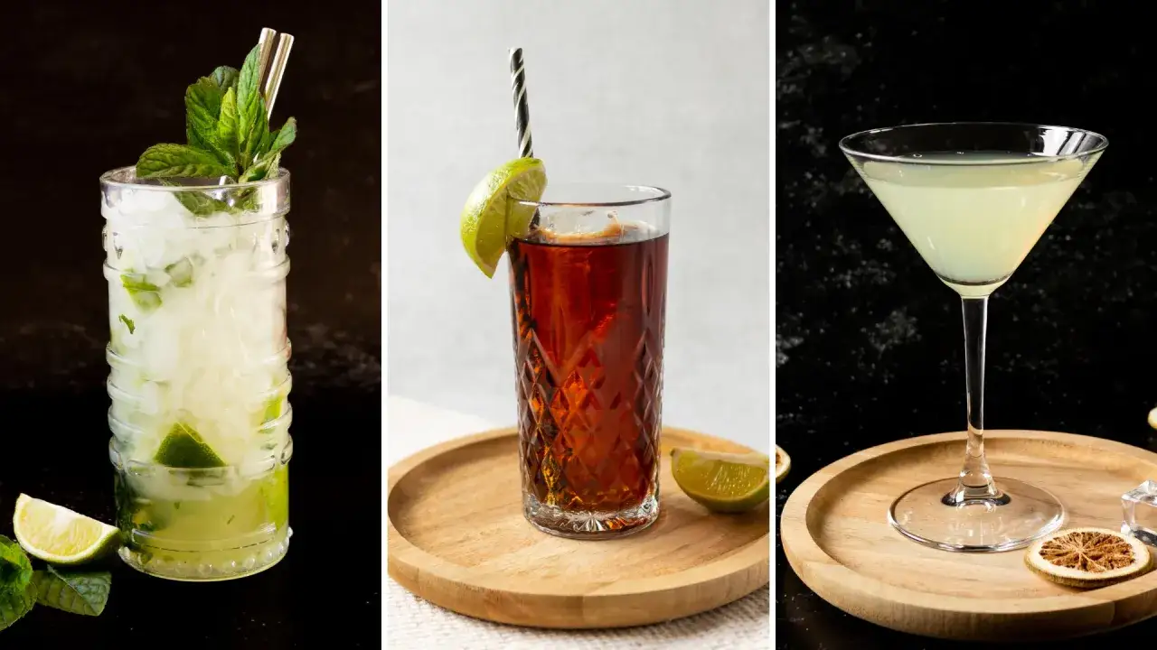 Trzy drinki: Mojito z miętą i limonką, Cuba Libre z colą i limonką, oraz drink w kieliszku koktajlowym. Z czym się pije rum? Z limonką i colą!