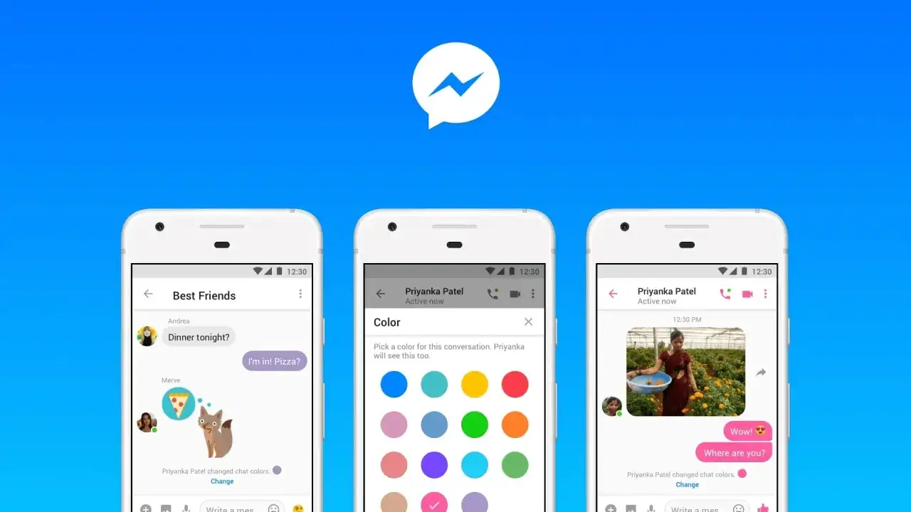 Trzy telefony pokazują interfejs Messengera bez Facebooka. Można zmieniać kolory czatu i wysyłać wiadomości.