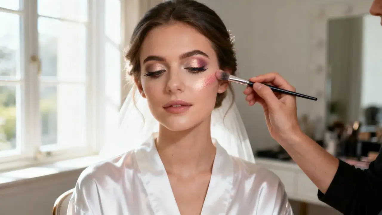Wizażystka nakłada rozświetlacz na policzek panny młodej. Zastanawiasz się, ile zarabia wizażystka?