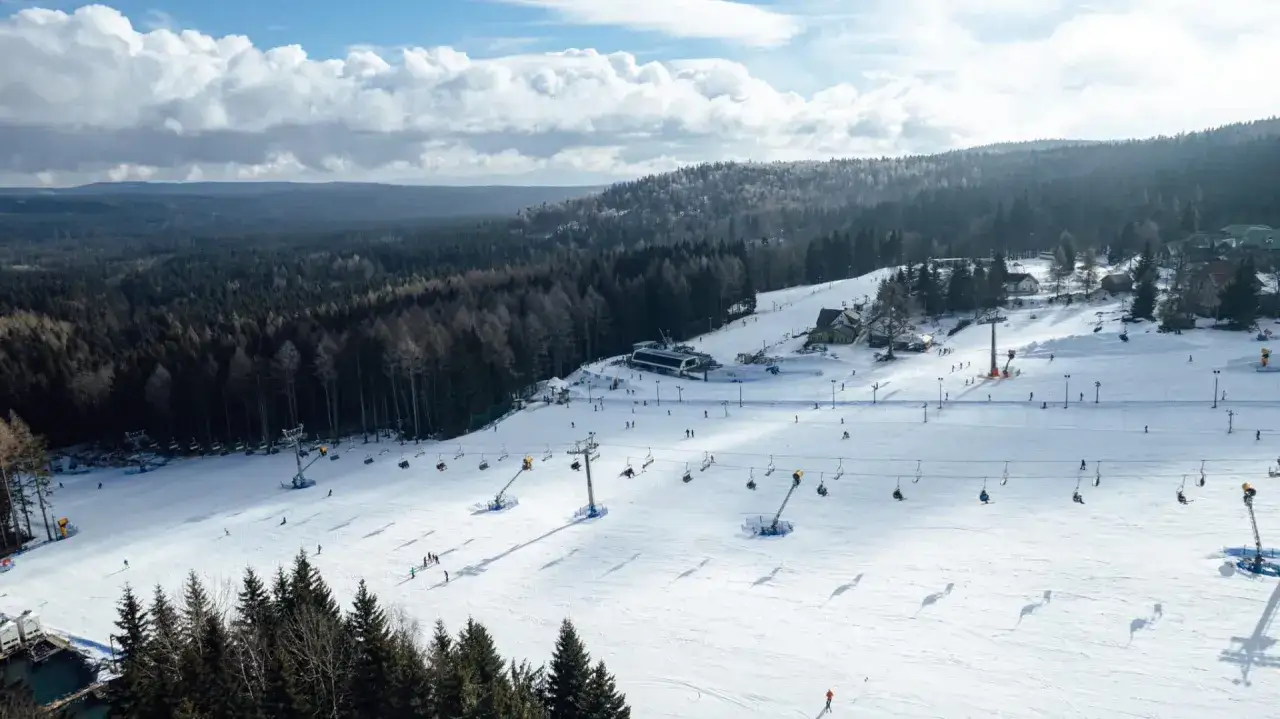 Ośnieżony zieleniec z wyciągami narciarskimi i narciarzami. W tle las i budynki.