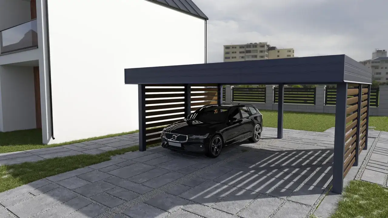 Nowoczesny projekt wiaty garażowej z czarnym Volvo. Elegancka konstrukcja z drewnianymi elementami i betonową nawierzchnią.