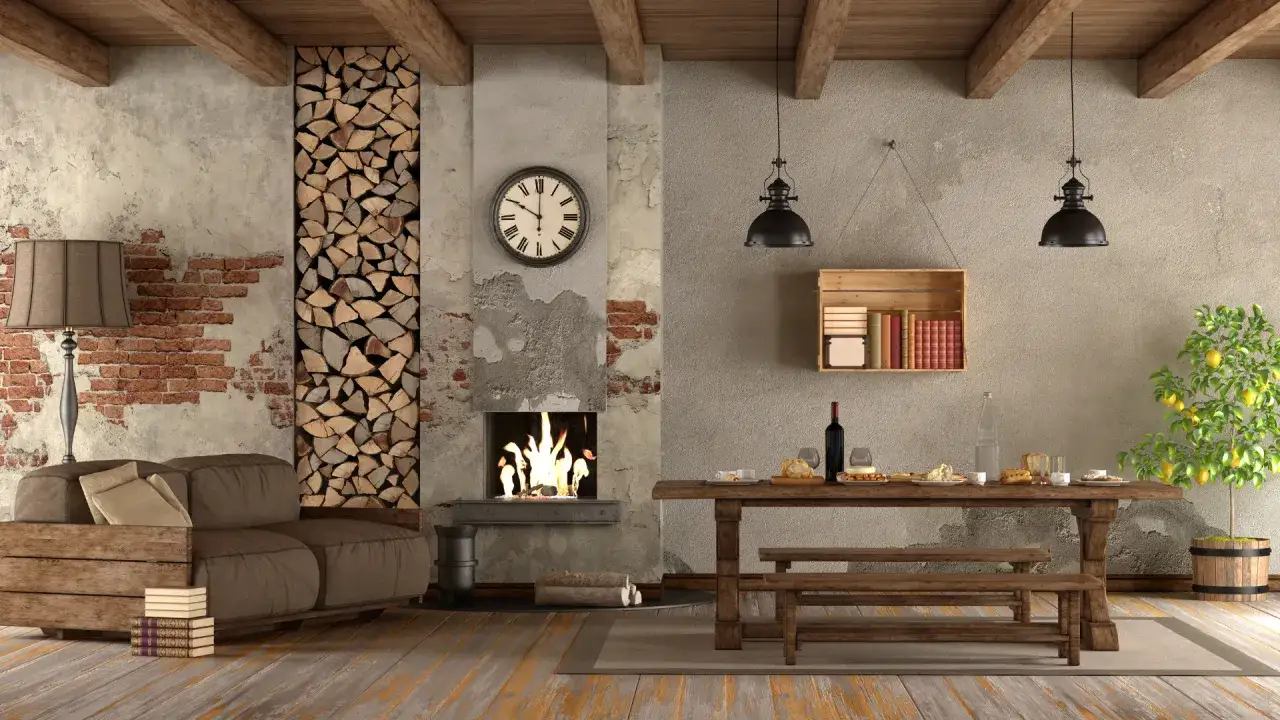 Rusty kominek z palącym się ogniem, stos drewna obok, kanapa i stół z jedzeniem. Inspiracja, jak udekorować kominek.