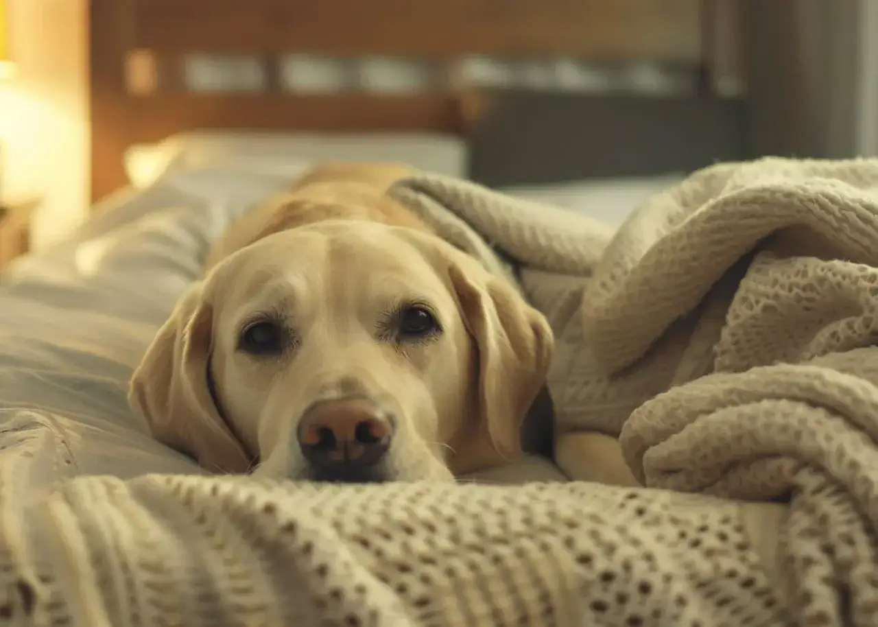 Labrador odpoczywa pod kocem. Zastanawiasz się, ile kosztuje hotel dla psa?