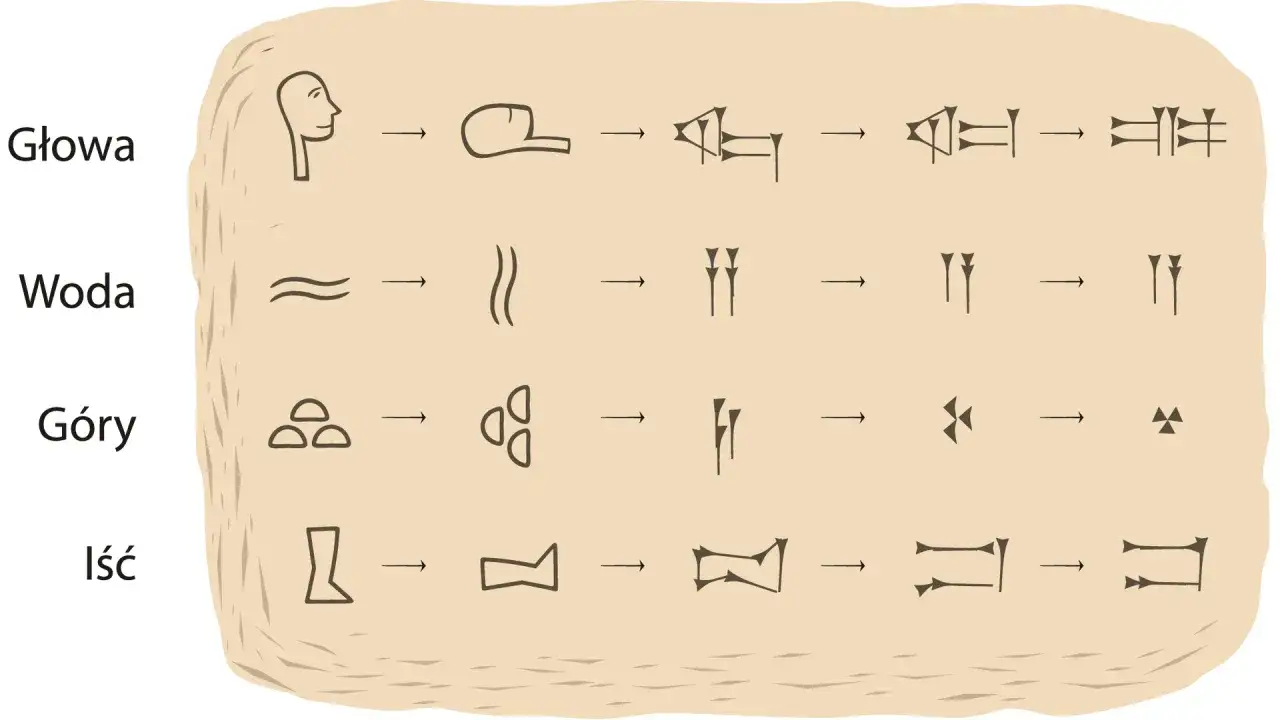 Ewolucja pisma: od rysunków głowy, wody, gór i stopy do klinowych znaków. Obraz pokazuje, kiedy wynaleziono pismo.