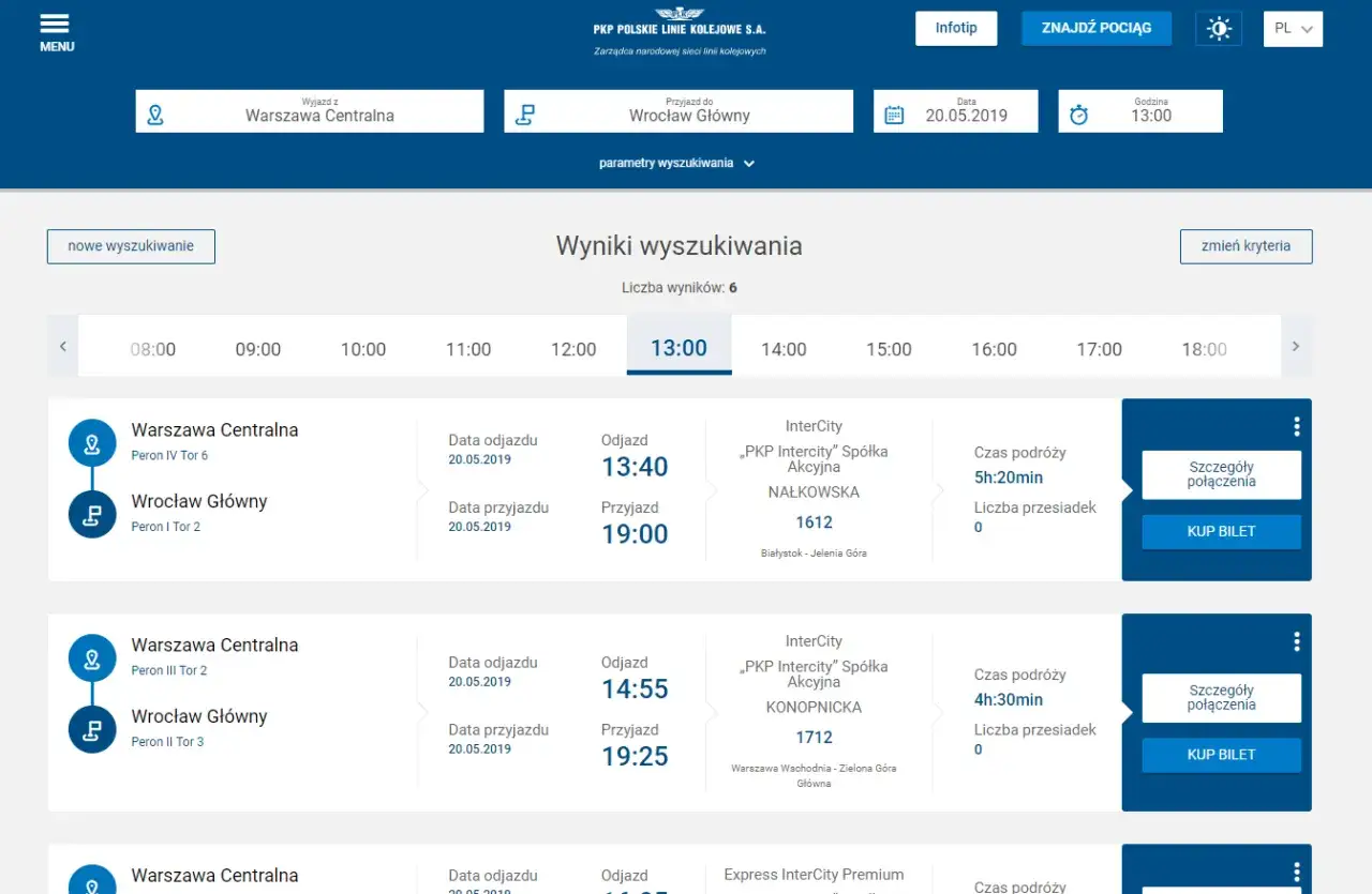 Zrzut ekranu: Strona PKP Intercity, wyszukiwarka połączeń, szczegóły trasy pociągu