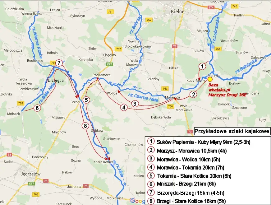 Mapa tras spływ&oacute;w kajakowych Nida Chęciny