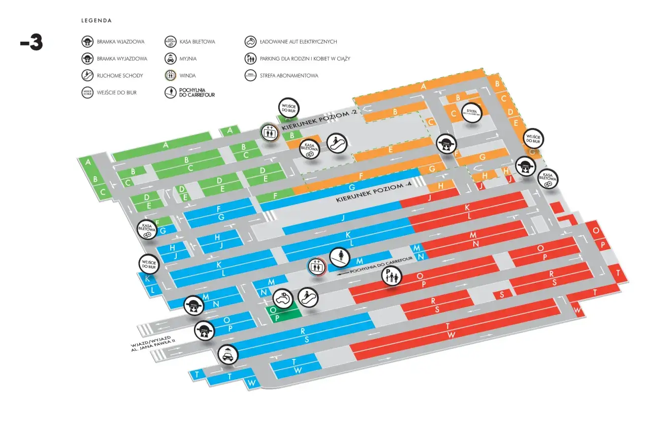 Schemat parkingu pod Złotymi Tarasami. Znajdź najlepszą trasę, jak dojechać do Złotych Tarasów, korzystając z oznaczeń poziomów i sektorów.