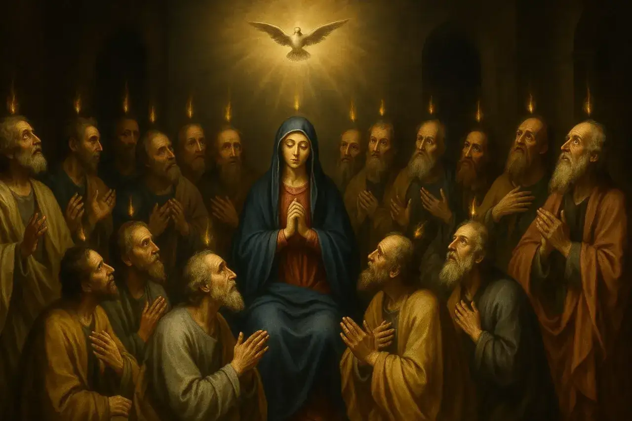 Zesłanie Ducha Świętego. Maryja i apostołowie w modlitwie, nad nimi gołębica i płomienie.