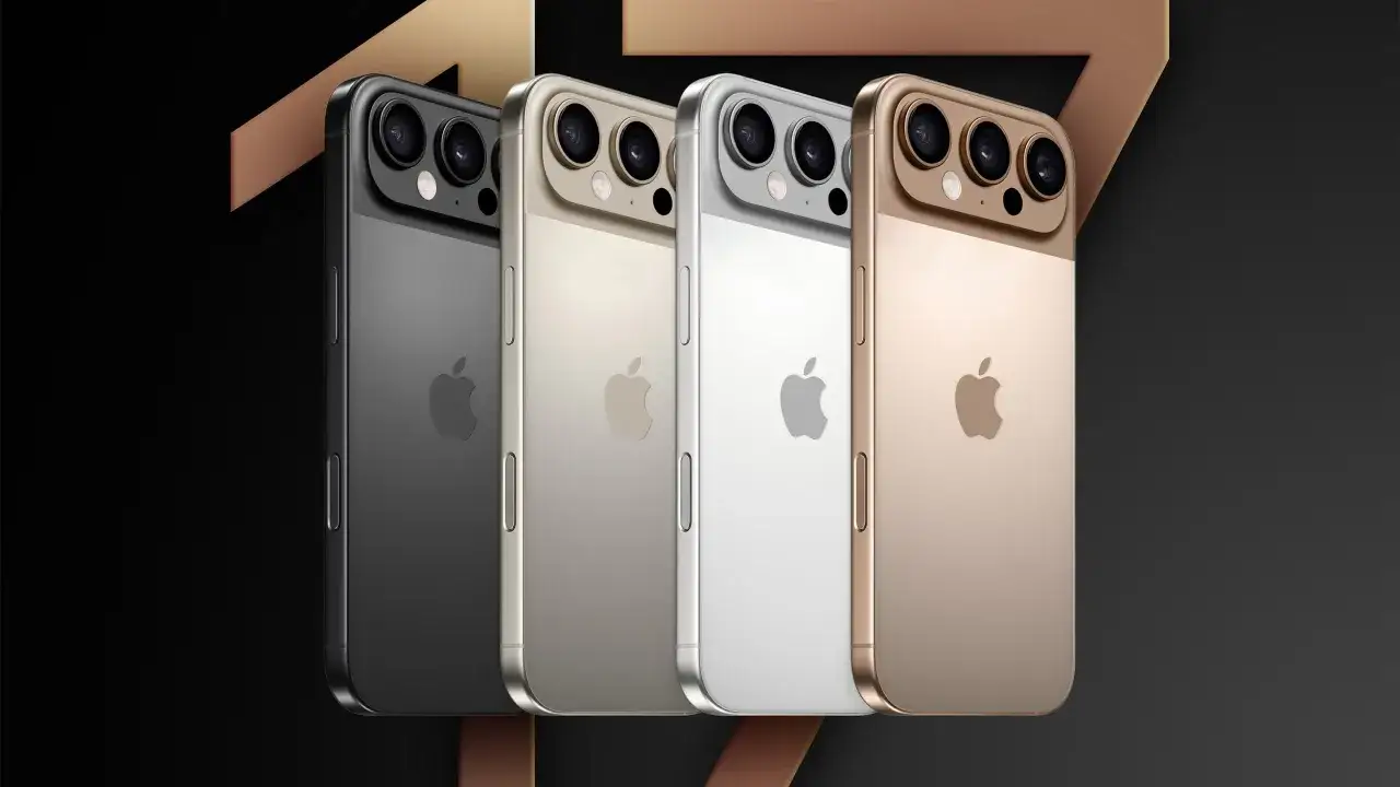 Cztery iPhone'y 17 w różnych kolorach: czarnym, złotym, srebrnym i białym.