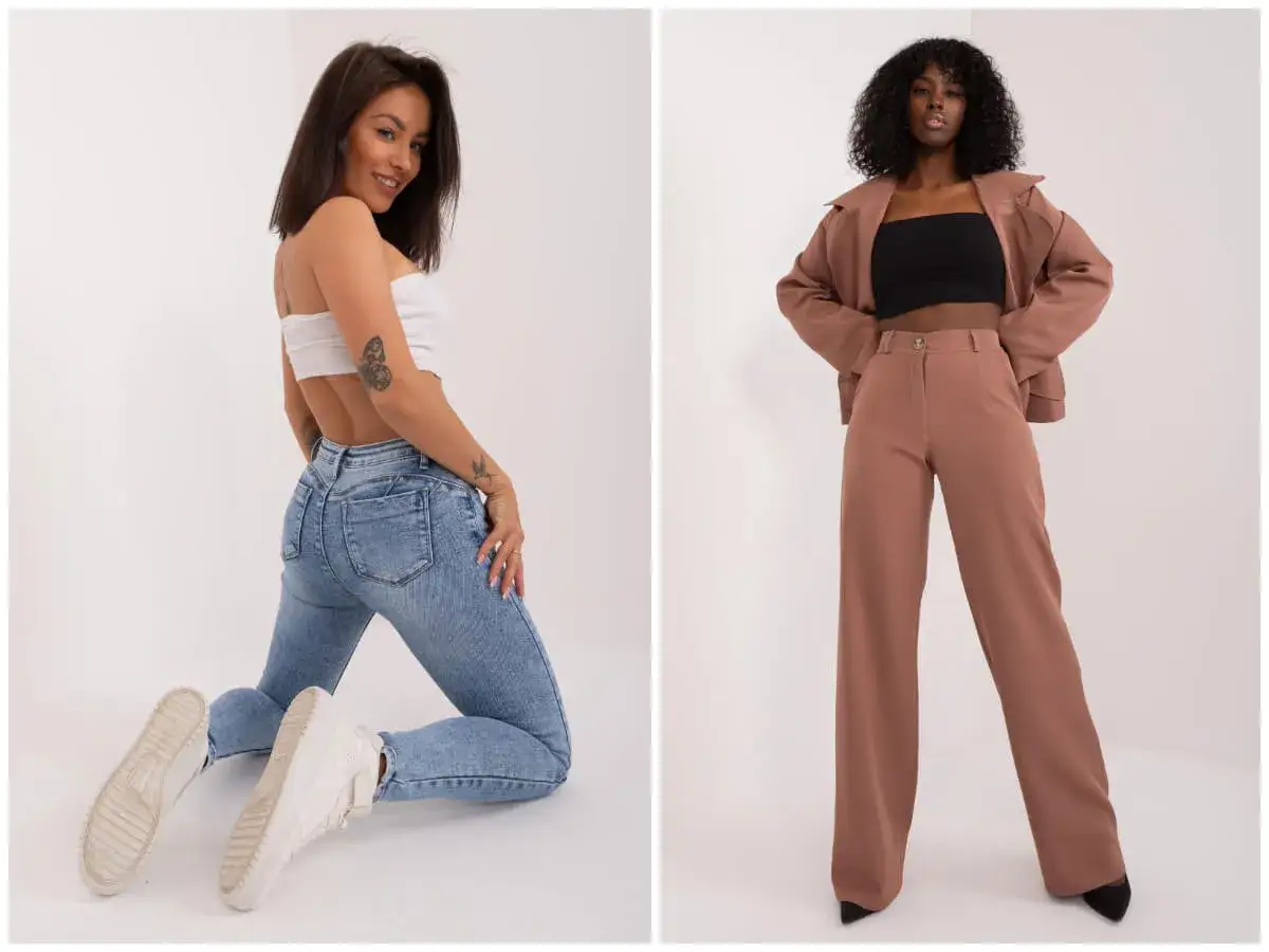 Dwie kobiety prezentują r&oacute;żne rodzaje spodni damskich: dopasowane jeansy i eleganckie, szerokie spodnie materiałowe.