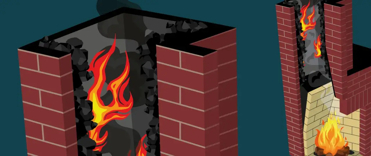 Ilustracja pokazuje przekrój komina z płomieniami i węglem. Widać, jak sprawdzić drożność komina, obserwując przepływ dymu i ognia.