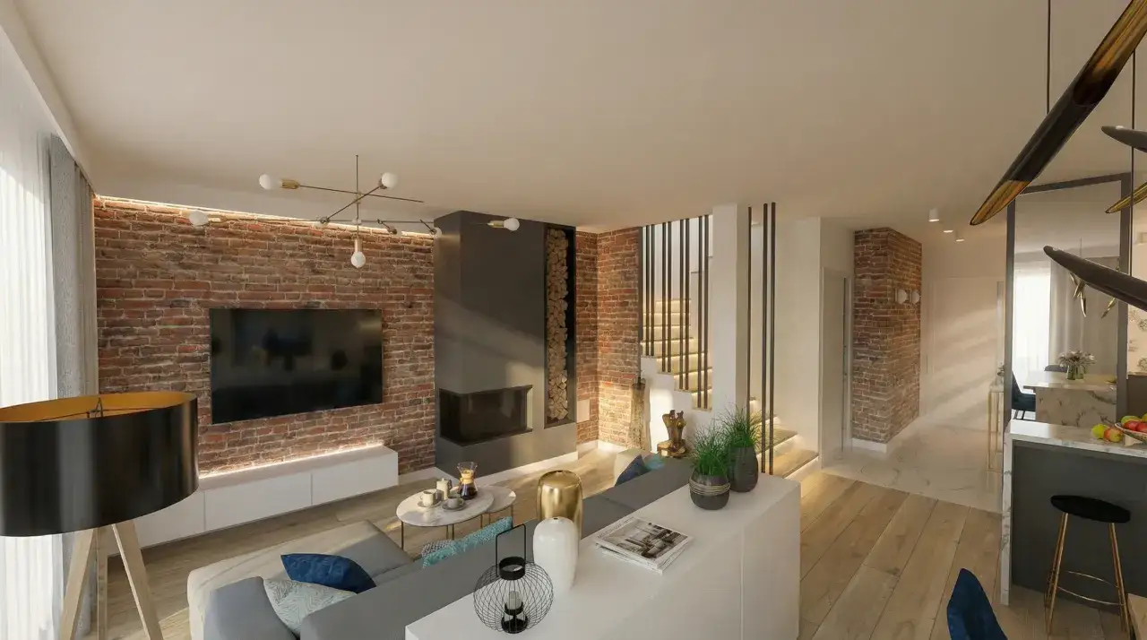 Nowoczesny salon z ceglaną ścianą i kominkiem. Zobacz, jak ozdobić komin w salonie, dodając mu stylu i ciepła.