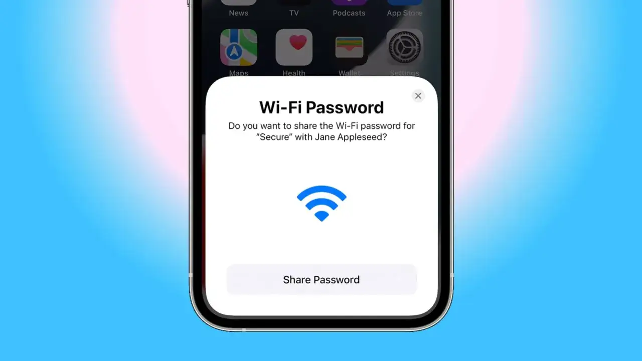 Udostępnianie klucza zabezpieczeń sieciowych w telefonie. Okno dialogowe pyta, czy udostępnić hasło Wi-Fi 