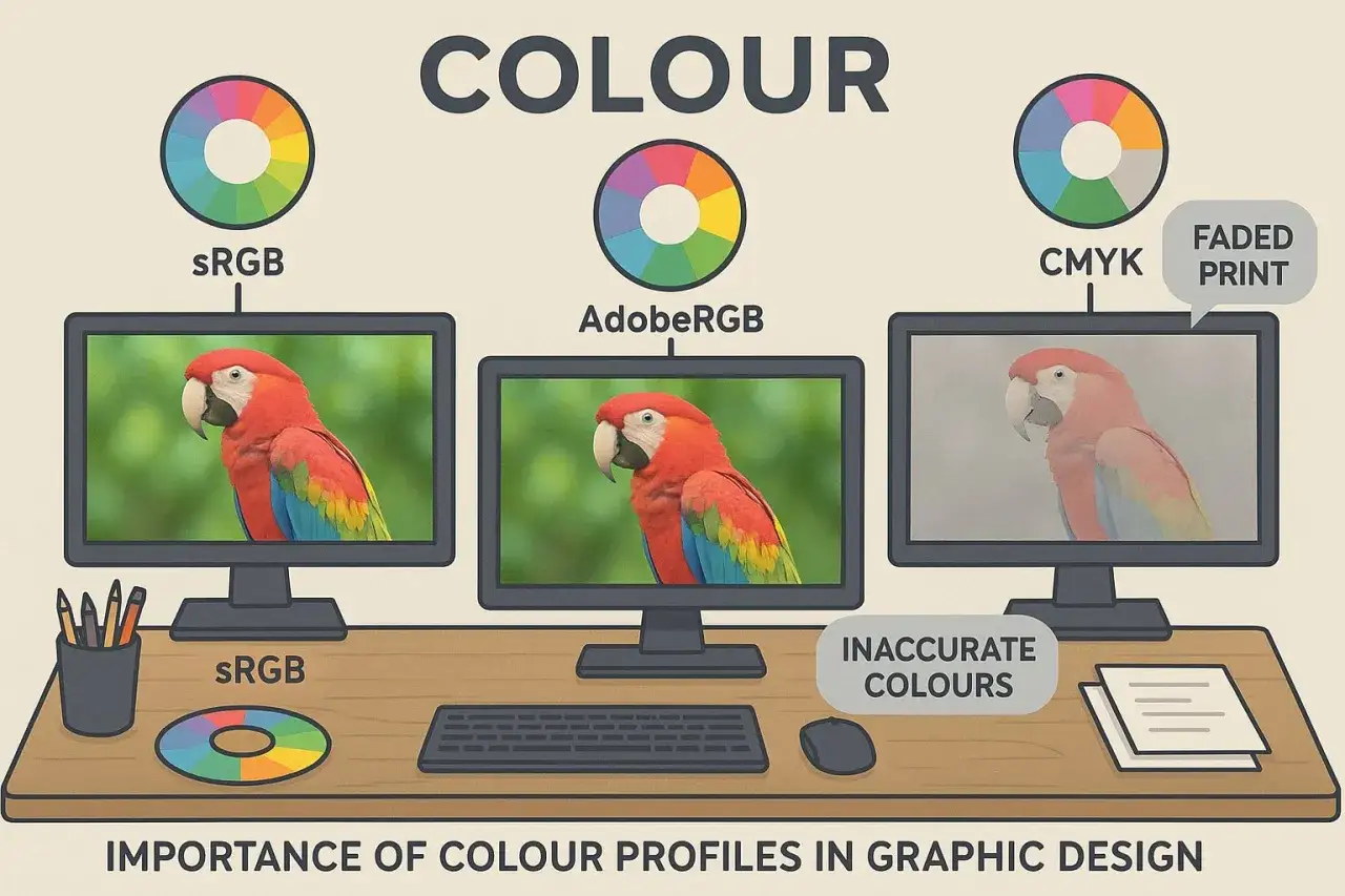 Por&oacute;wnanie wyświetlania kolor&oacute;w na ekranach z r&oacute;żnymi profilami: sRGB, AdobeRGB i CMYK. Na ekranie CMYK kolory papugi są wyblakłe, co pokazuje znaczenie profil&oacute;w kolor&oacute;w.