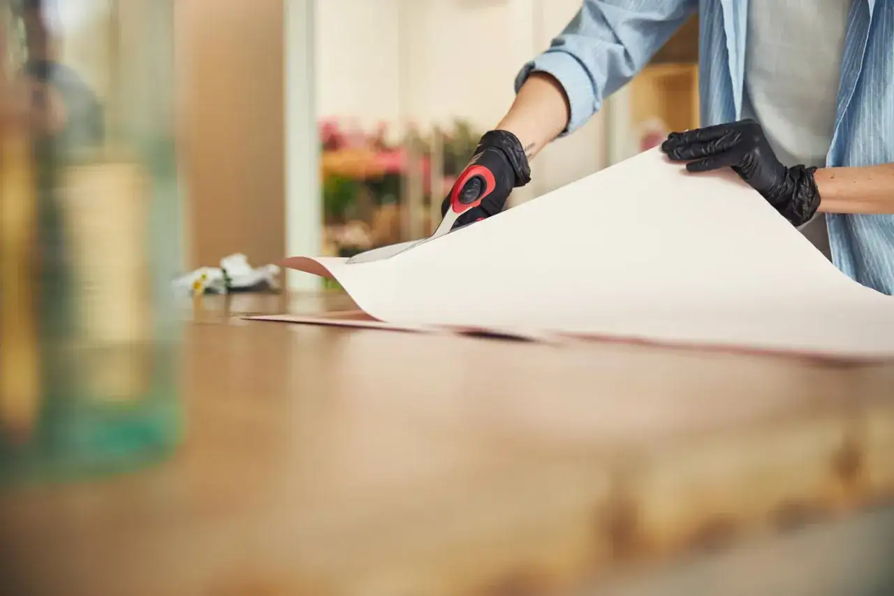 Ręce w czarnych rękawiczkach tną nożyczkami duży arkusz papieru. To może być pierwszy krok, by dowiedzieć się, czym podkleić tapetę.