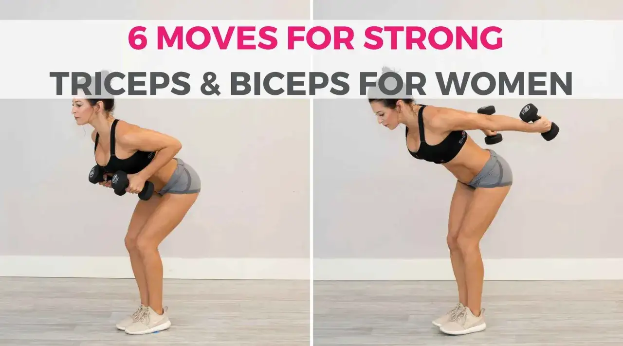 Kobieta wykonuje ćwiczenia na ramiona w domu z hantlami. Pokazane są dwa etapy ćwiczenia na triceps i biceps.