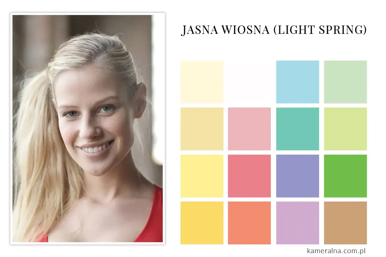 Uśmiechnięta blondynka obok palety jasna wiosna kolory: pastelowe żółcie, róże, błękity i zielenie.